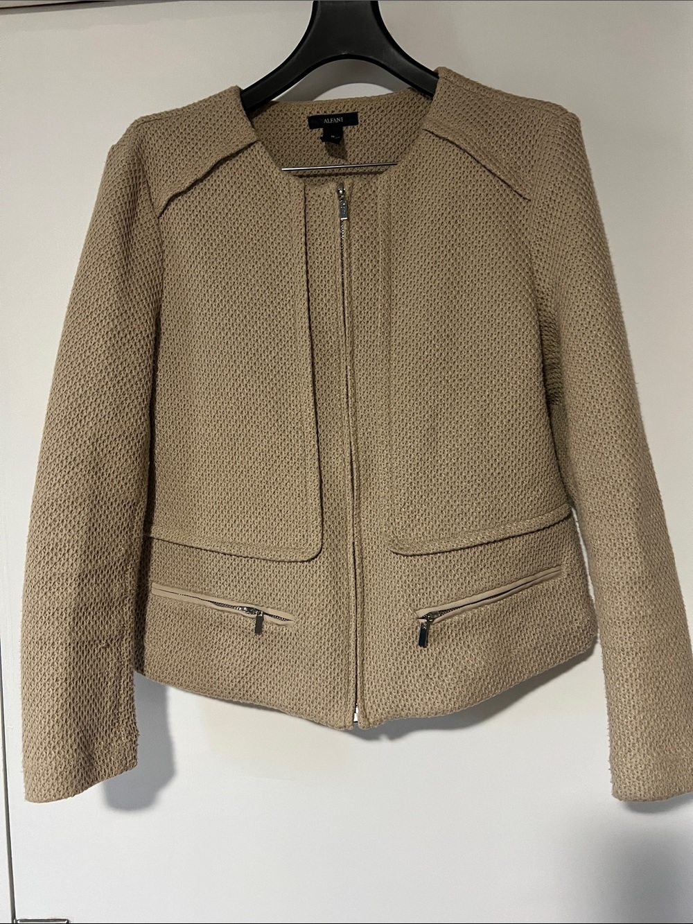 Alfani Beige Textured Zip Front Jacket